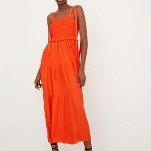 Zara Tie Strap Orange Maxi Smocked Dress